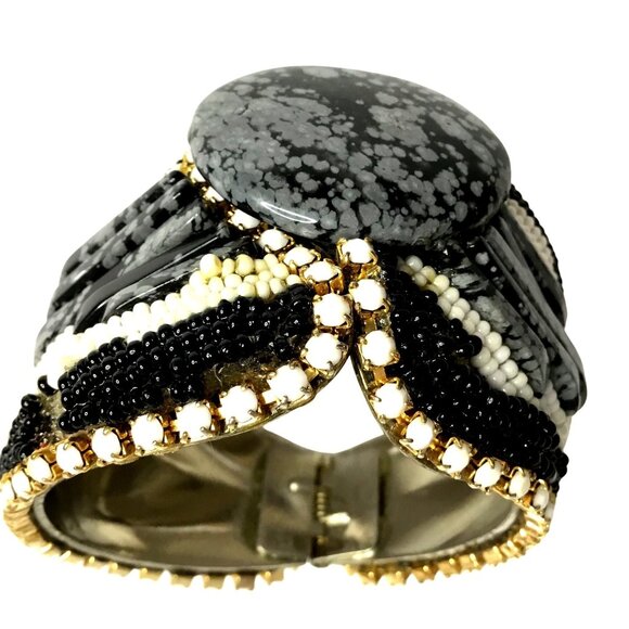 VTG HANSEN Signed 1988 Obsidian Stone Beaded Cuff Bracelet Clip-On Earrings Set - Picture 2 of 16